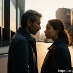 카사마츠 쇼 드라마 연출 참여 - A cinematic scene depicting a deeply emotional moment between two adult characters in a modern urban...
