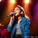 시라이시 마이 아이돌 경력 - A young female singer in her early teens wearing stylish casual clothing and light makeup, passionat...