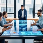 우에키 모토코 해외 인터뷰 - A diverse multicultural team collaborating enthusiastically around a large digital touchscreen table...