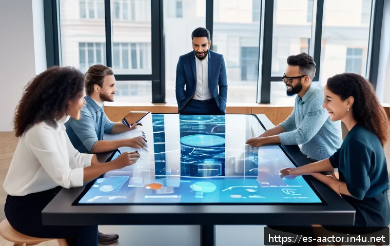 우에키 모토코 해외 인터뷰 - A diverse multicultural team collaborating enthusiastically around a large digital touchscreen table...