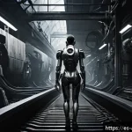 츠카모토 타카시 연출 경력 - A surreal black-and-white cyberpunk scene featuring a human figure partially fused with mechanical a...