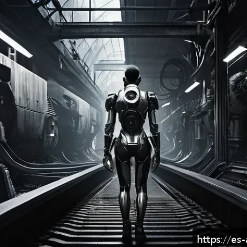 츠카모토 타카시 연출 경력 - A surreal black-and-white cyberpunk scene featuring a human figure partially fused with mechanical a...